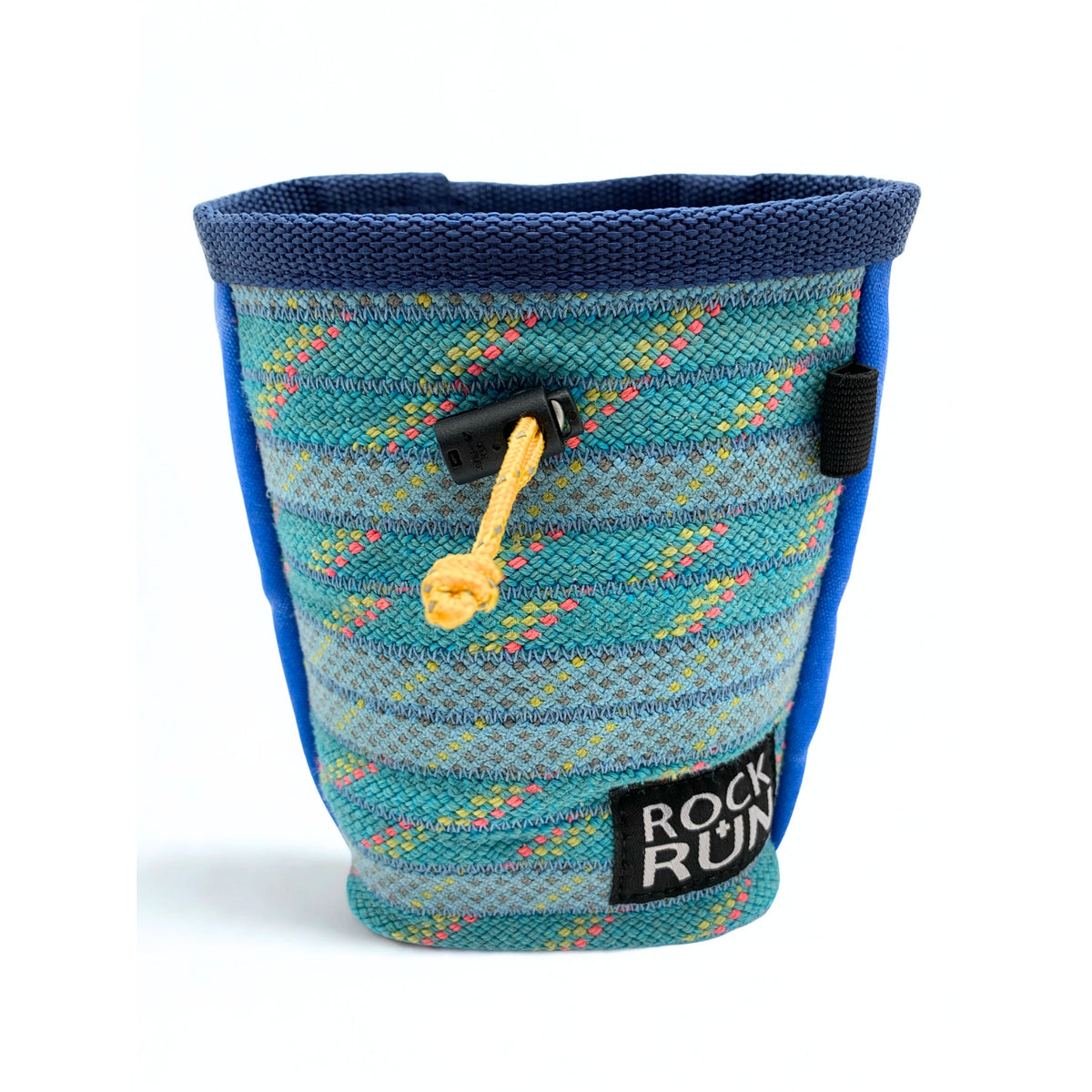Blue and multicolored chalk bag with 'Rock N Run' logo on a white background