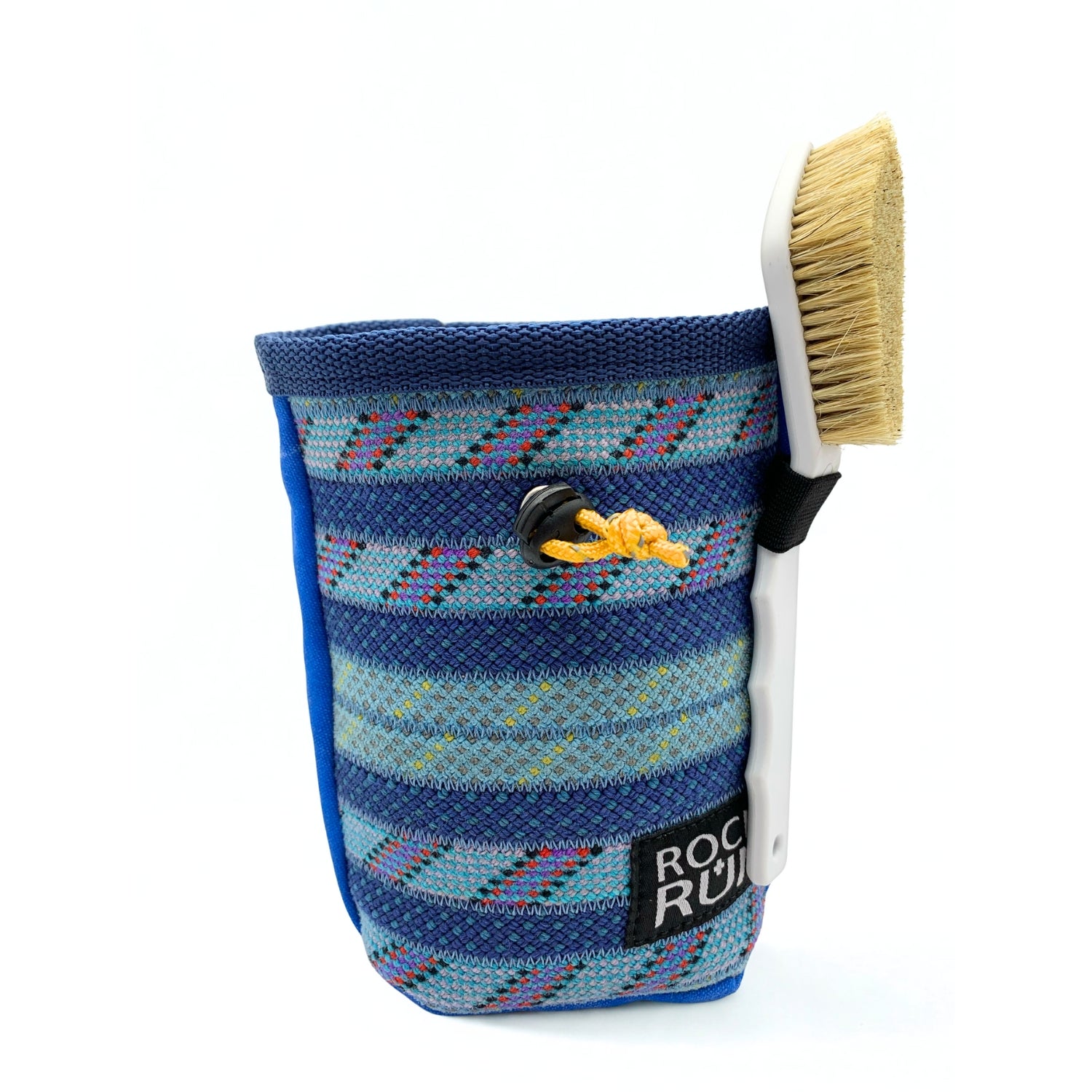 Five colorful chalk bags with 'Rock Run' branding on a white background