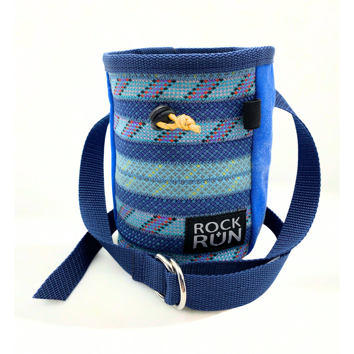 Blue and patterned chalk bag with 'Rock Run' branding on a white background