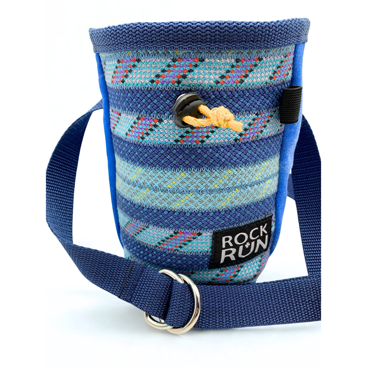 Blue and patterned chalk bag with 'Rock Run' branding on a white background