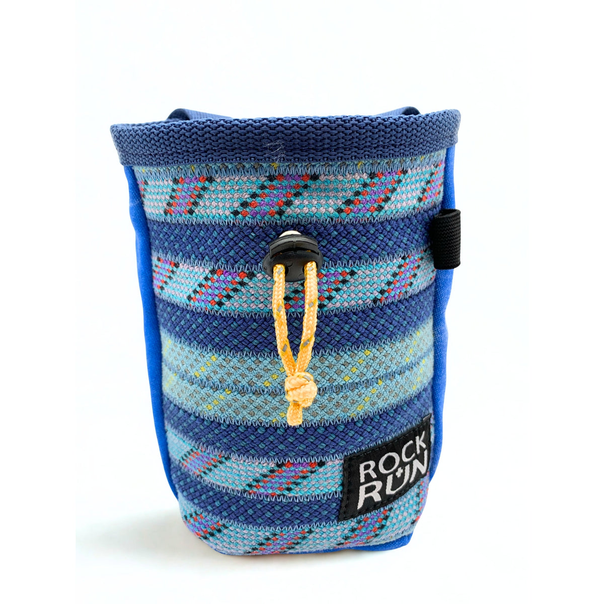 Blue and multicolored textured chalk bag with 'Rock Run' logo on a white background