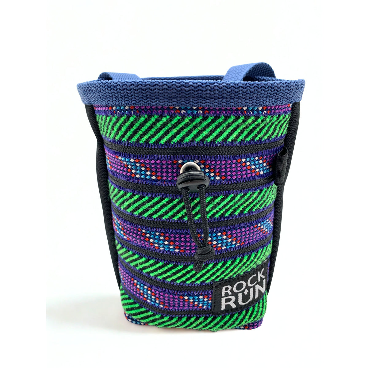Colorful striped chalk bag with 'Rock Run' branding on a white background