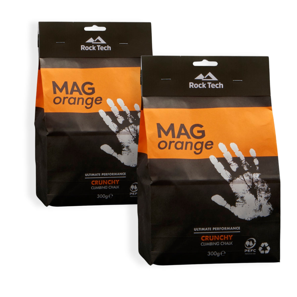 Two packages of Rock Tech MAG orange climbing chalk on a white background