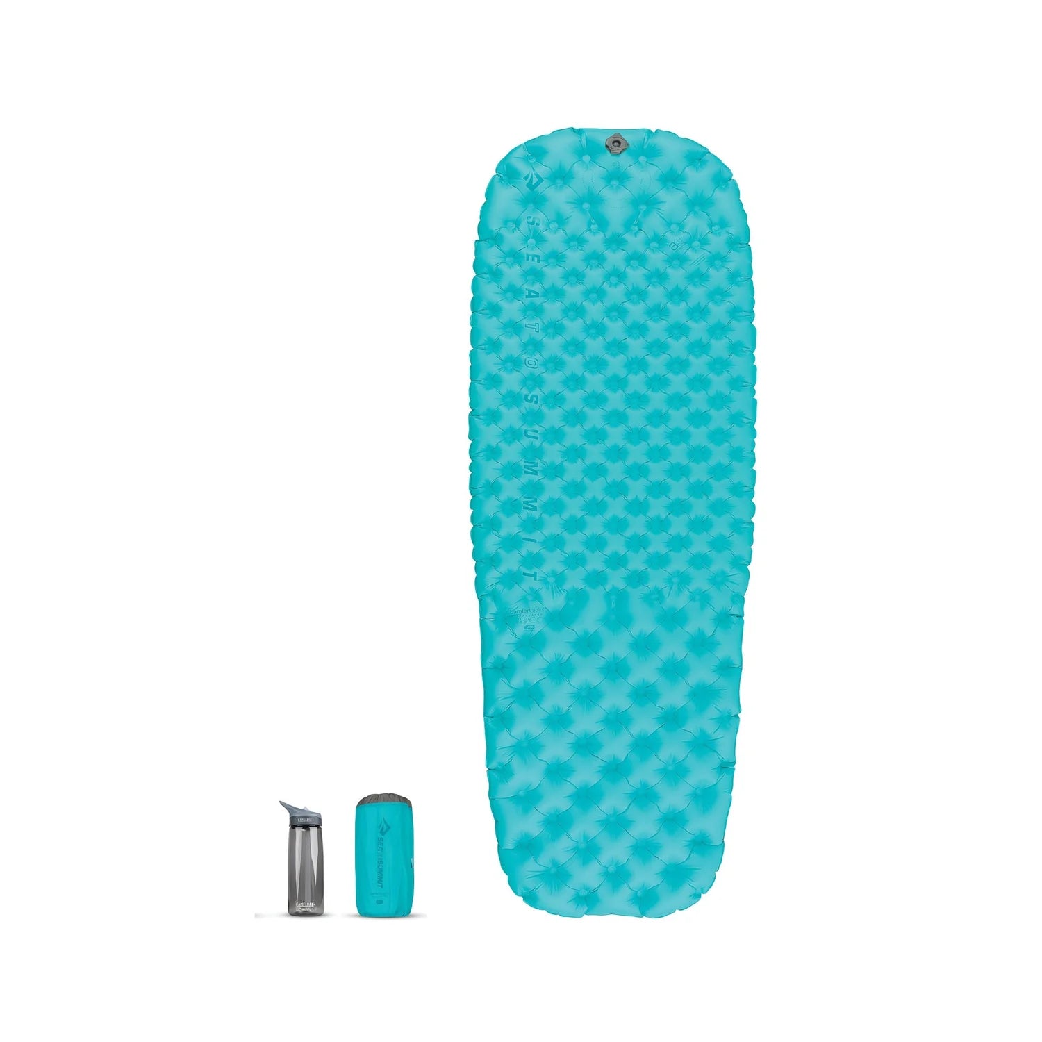 Turquoise inflatable sleeping pad on a white background