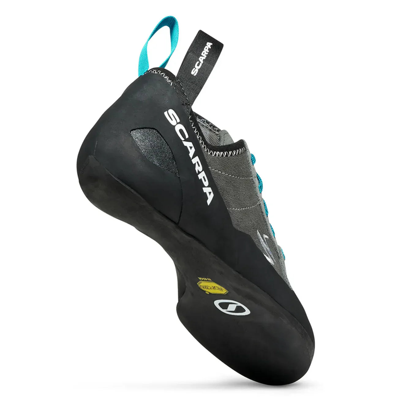 Gray and black climbing shoe with blue laces on a white background