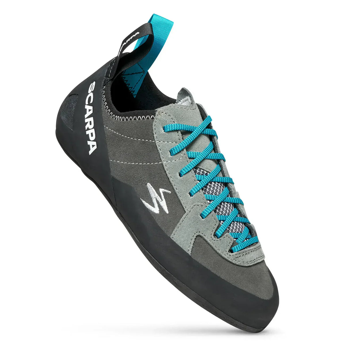 Gray and black climbing shoe with blue laces on a white background
