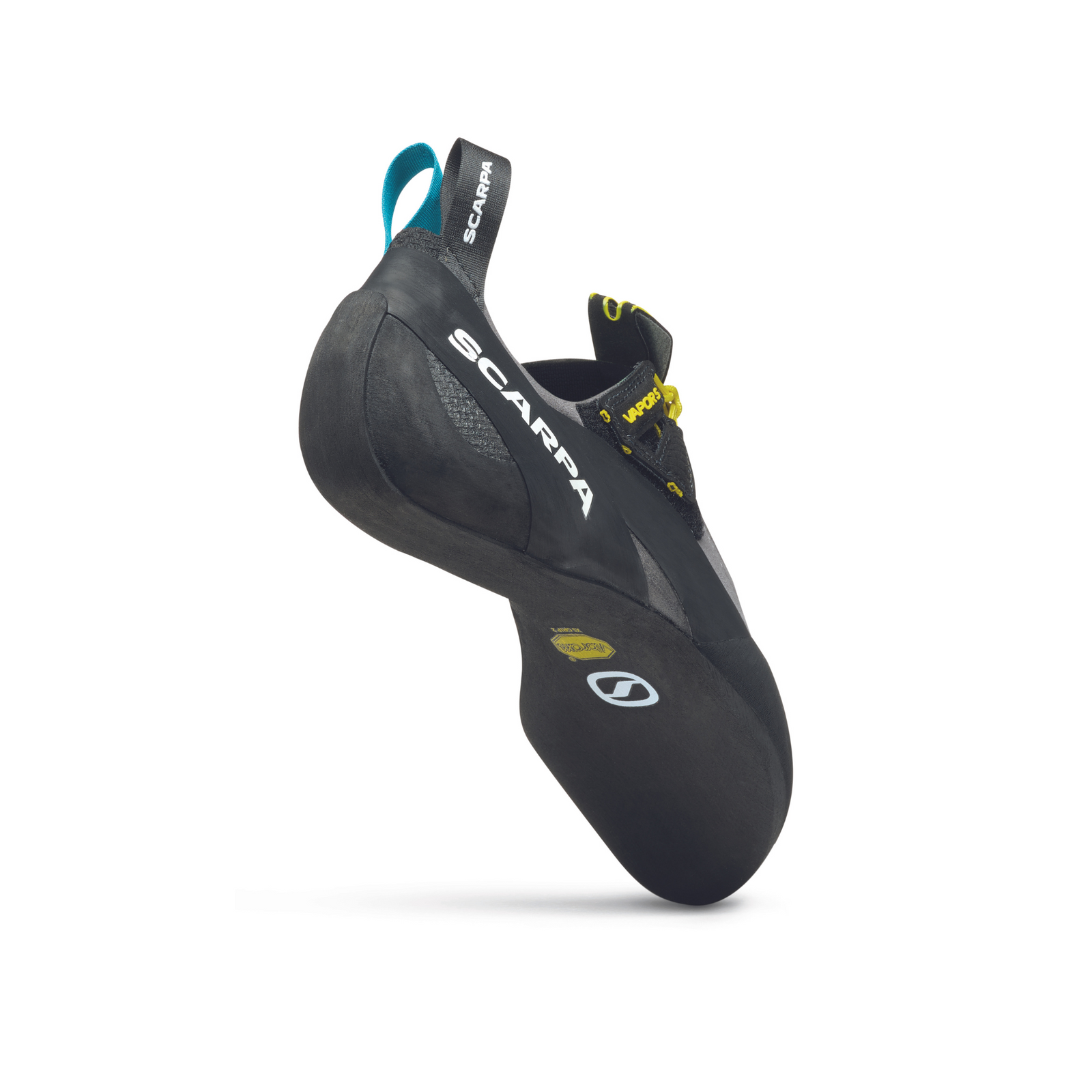 Scarpa Vapour S in smoke-grey with yellow trim. image showing outside sole with removable strap