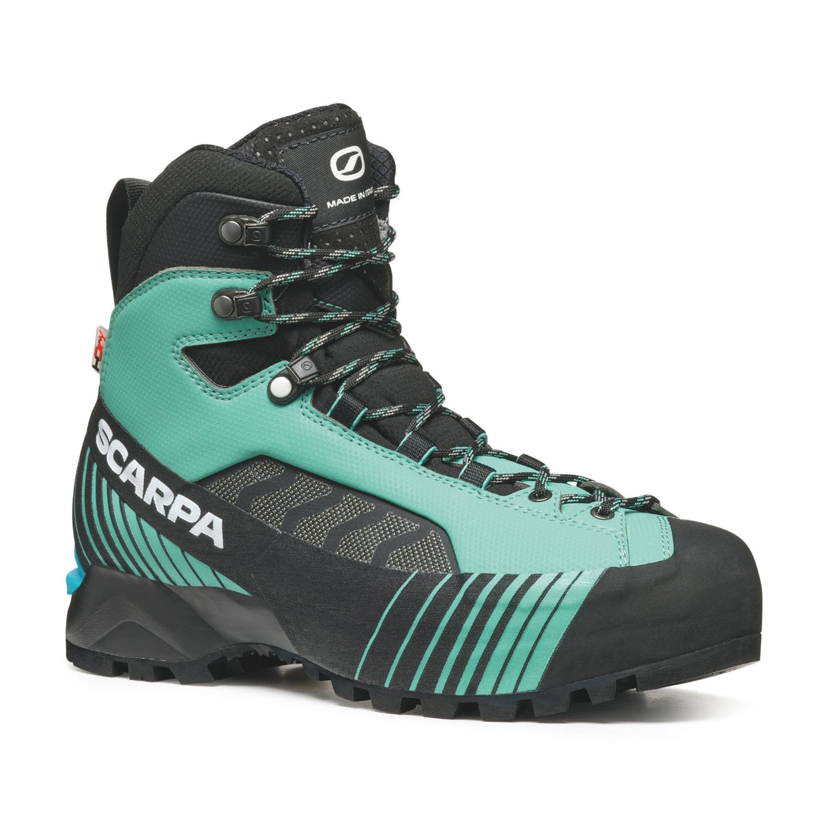 Scarpa Ribelle Lite HD Womens Teal and black hiking boot with 'Scarpa' branding on a white background