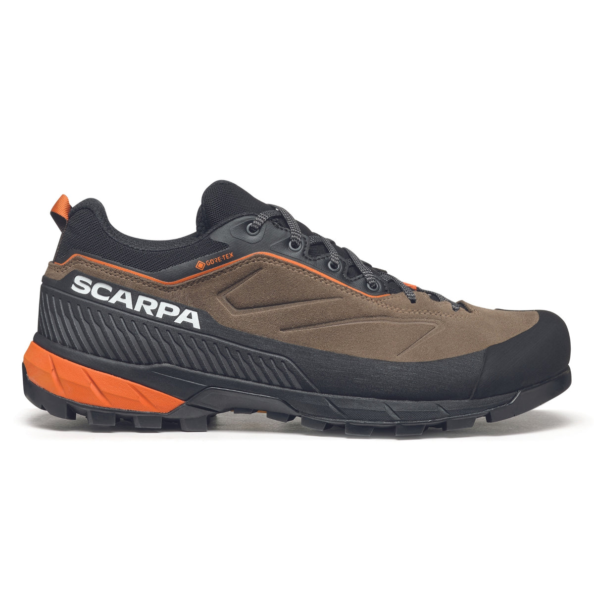 Scarpa Rapid XT GTX Mens approach shoe in caribour rust colour, showing side profile.