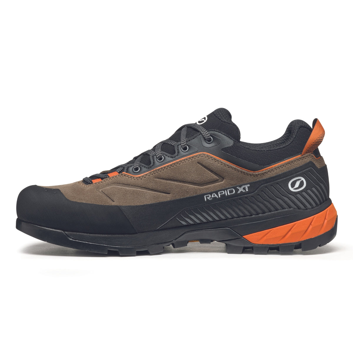 Scarpa Rapid XT GTX Mens approach shoe in caribour rust colour, showing inside profile.