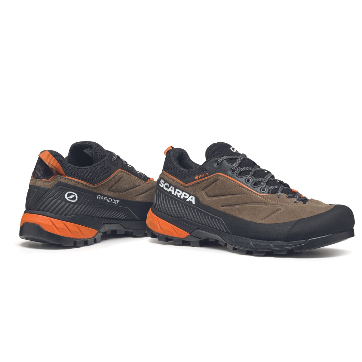 Scarpa Rapid XT GTX Mens approach shoe in caribour rust colour, showing side profile.