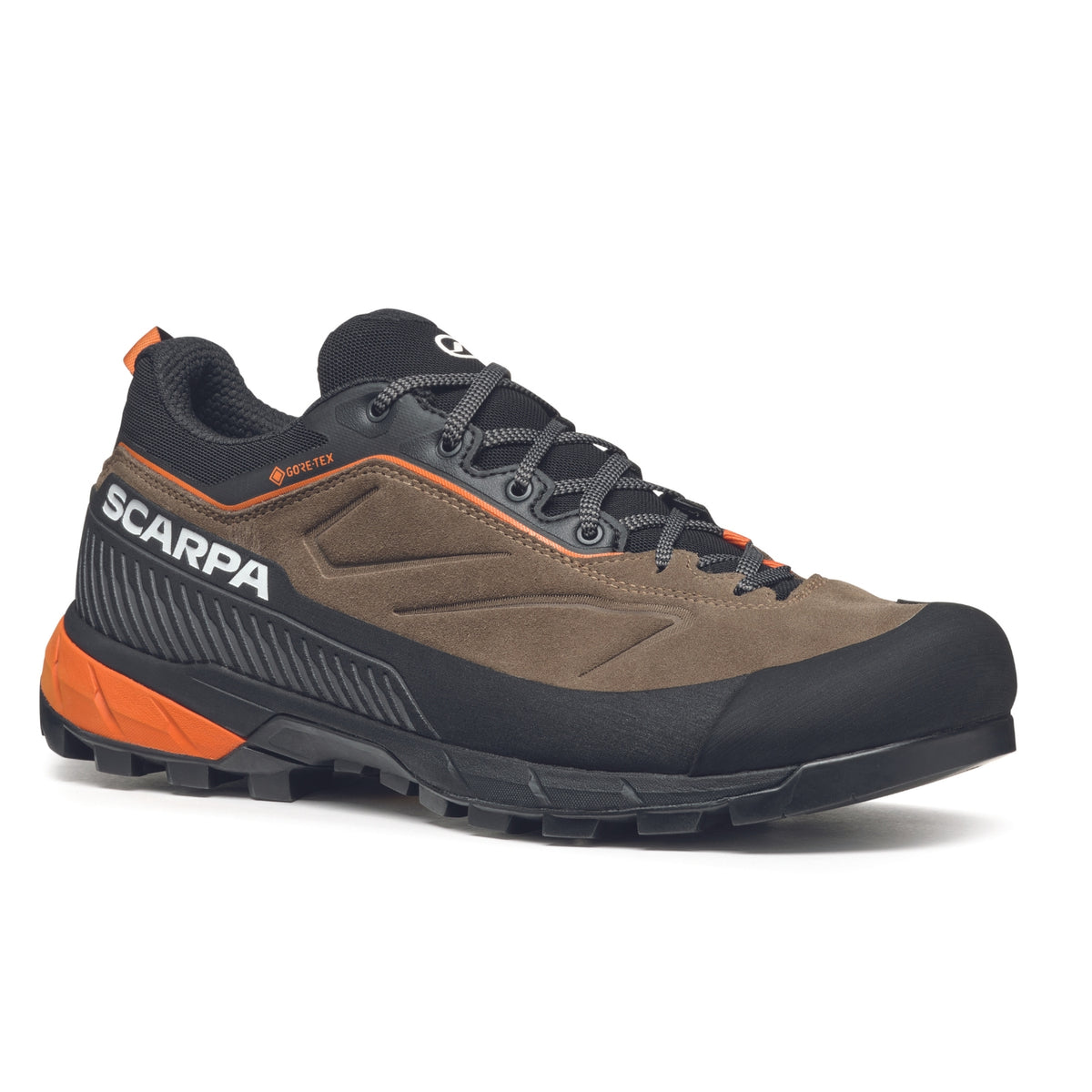 Scarpa Rapid XT GTX Mens approach shoe in caribour rust colour, showing side profile.