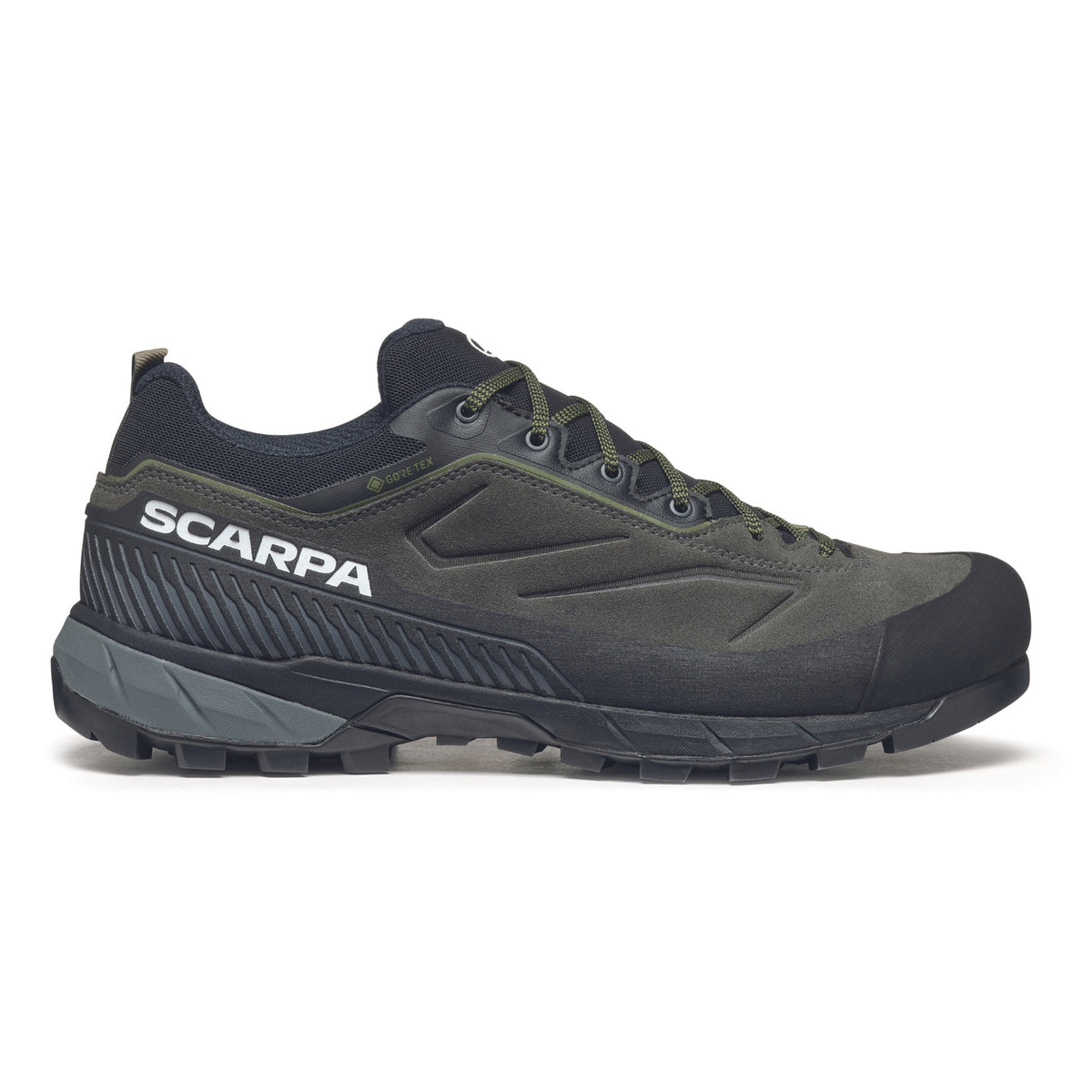 Scarpa Rapid XT GTX Mens approach shoe in shark-military green colour, showing side profile.