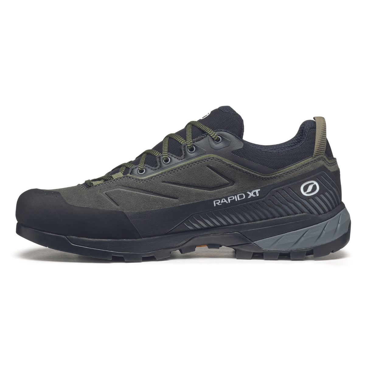 Scarpa Rapid XT GTX Mens approach shoe in shark-military green colour, showing inside profile.