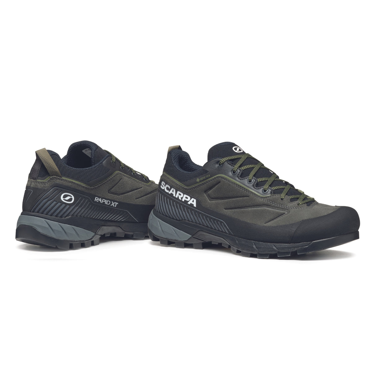 Scarpa Rapid XT GTX Mens approach shoe in shark-military green colour, showing side profile.