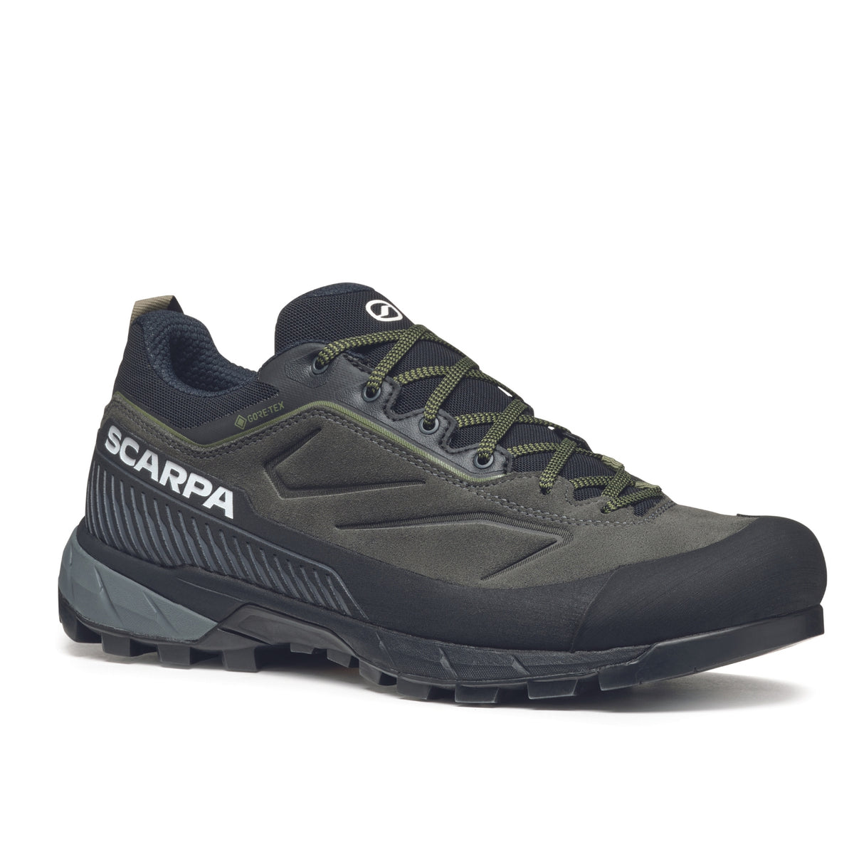 Scarpa Rapid XT GTX Mens approach shoe in shark-military green colour, showing side profile.