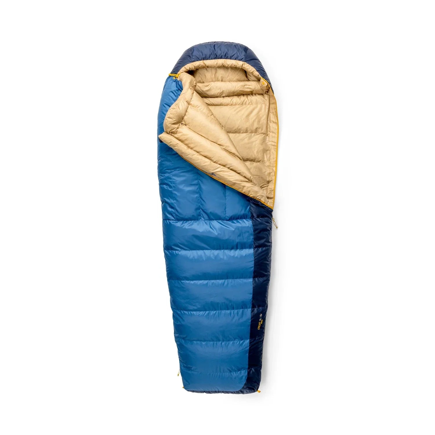 Blue and beige sleeping bag on a white background