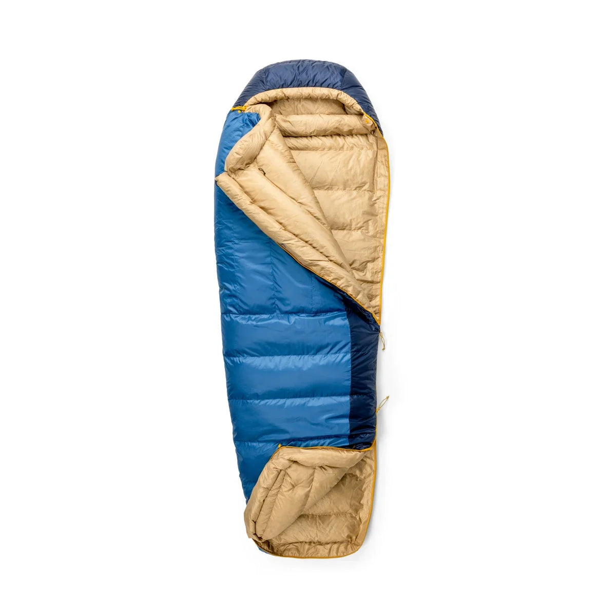 Blue and beige sleeping bag on a white background