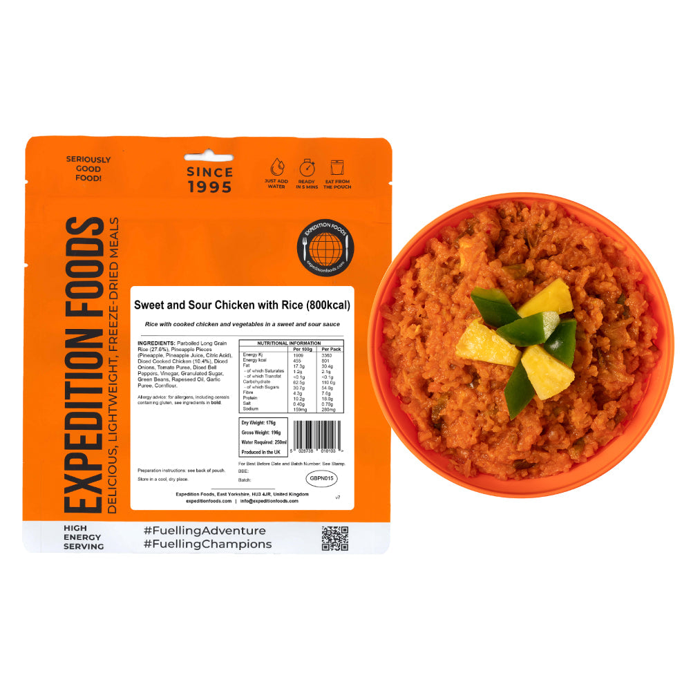Expedition Foods Sweet and Sour Chicken with Rice, dried food pack showing front cover and bowl of food