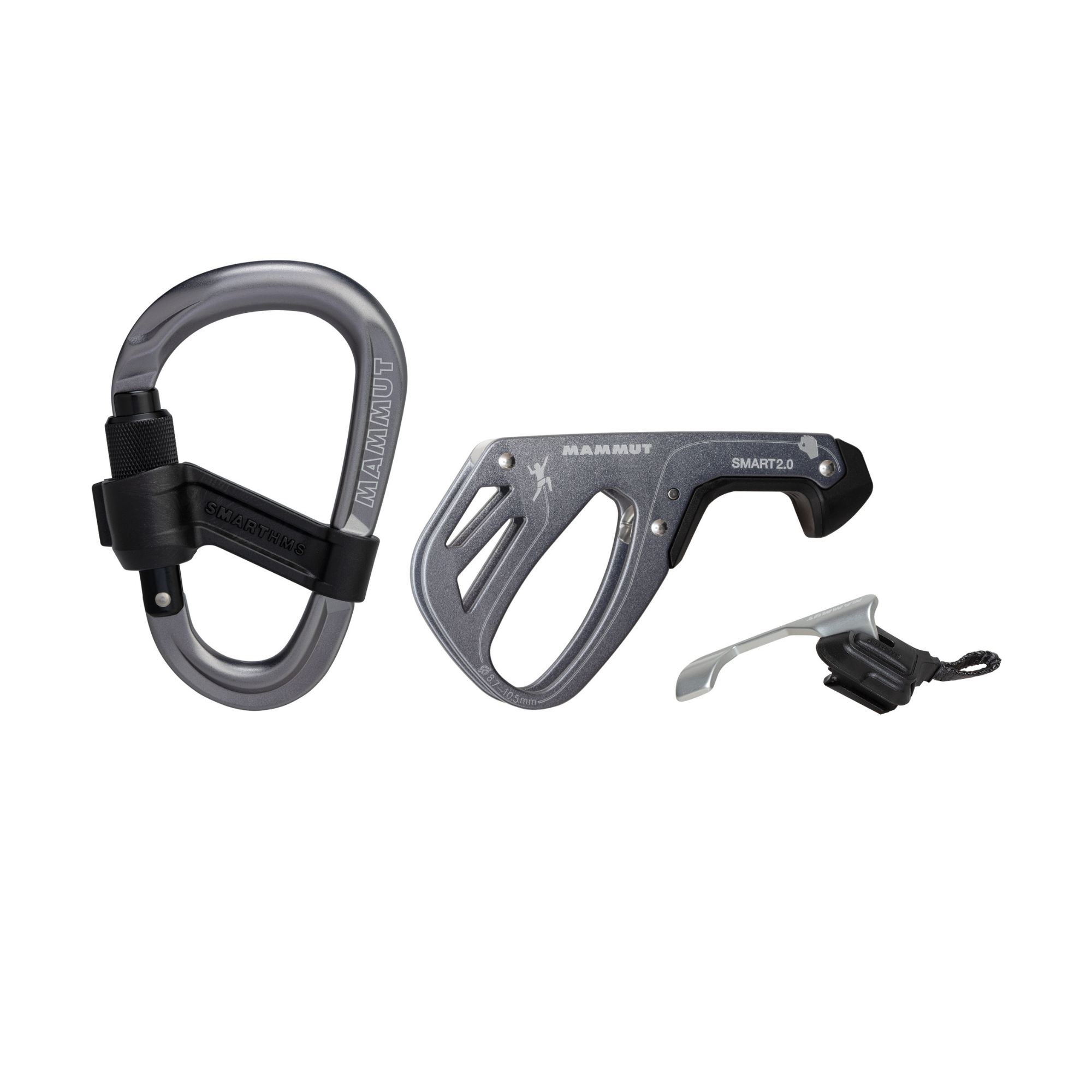 Mammut Smarter 2.0 Belay Package, showing the carabiner, belay device and safety gate individually