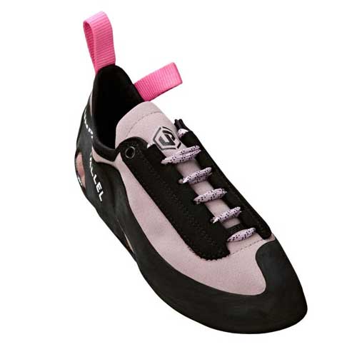 Black climbing shoe with pink laces and 'UNPARALLEL' branding on a white background