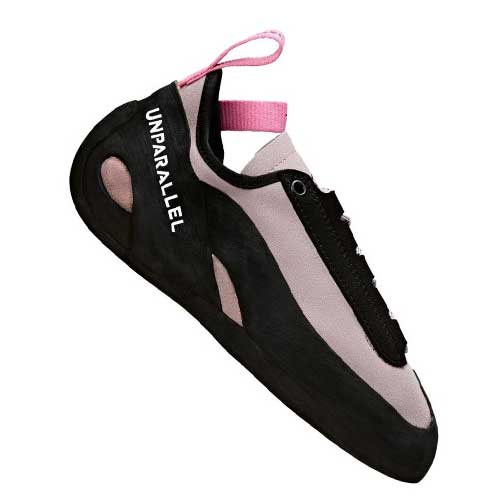 Black climbing shoe with pink laces and 'UNPARALLEL' branding on a white background