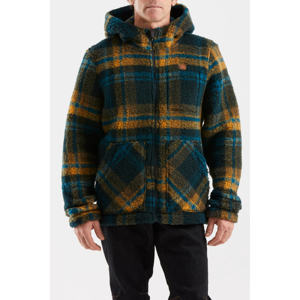 Plaid jacket worn by a person on a white background