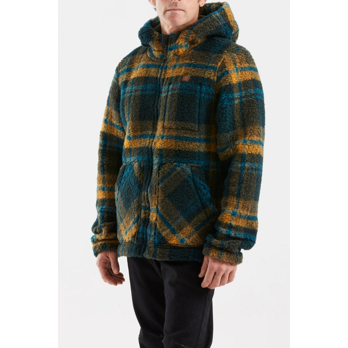Person wearing a plaid hoodie on a white background