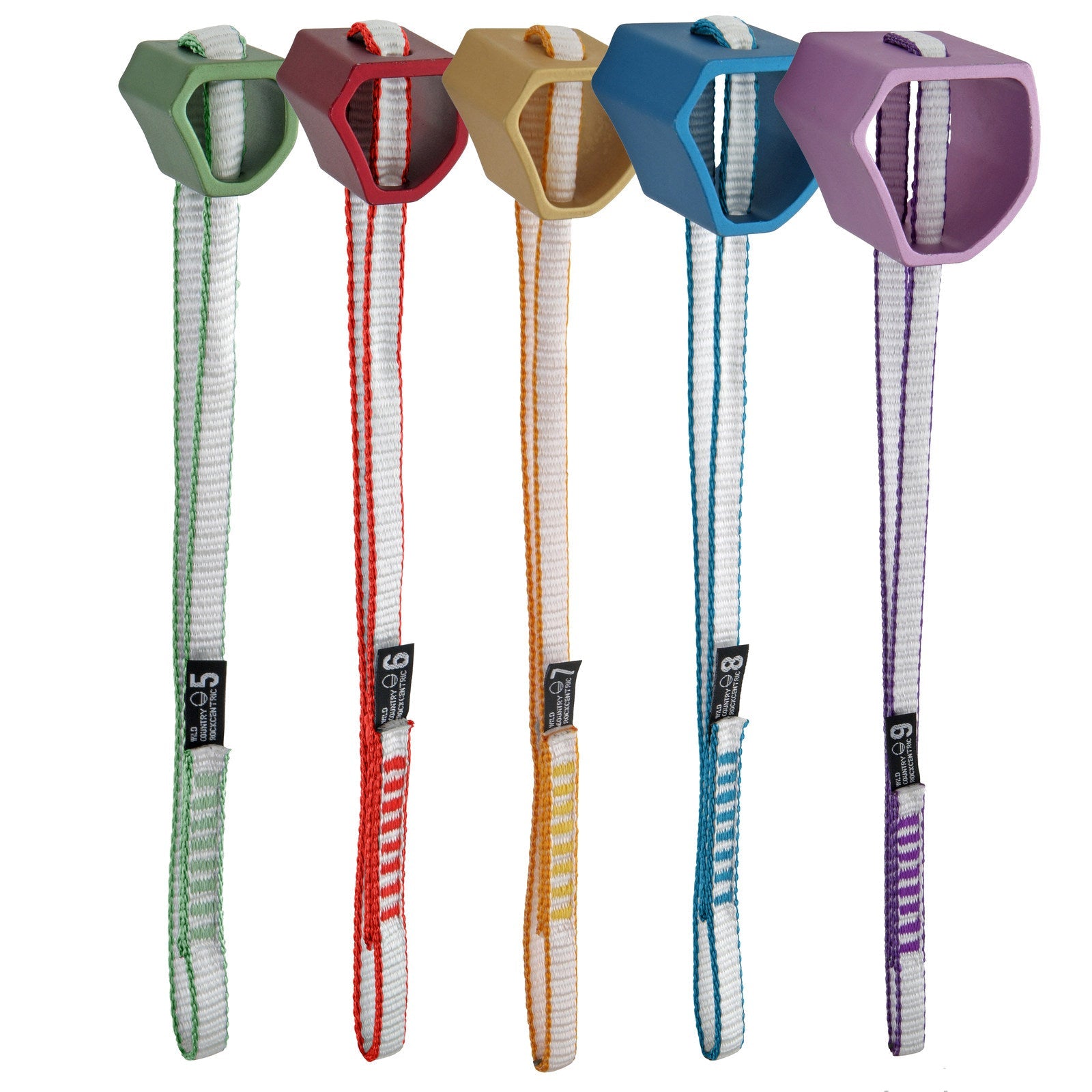 Wild Country Rockcentric Set sizes 5-9, shown side by side in various colours