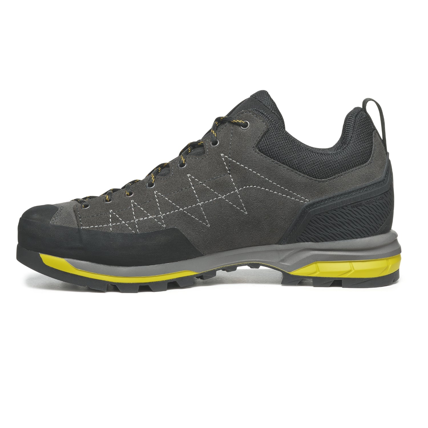 Scarpa Zodiac GTX Mens Gray hiking shoe with yellow sole on a white background