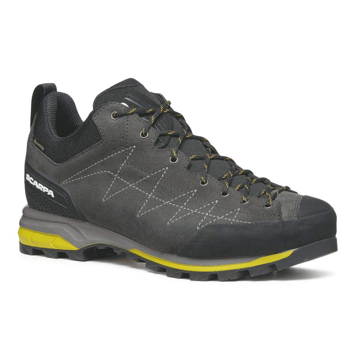 Scarpa Zodiac GTX Mens Gray hiking shoe with yellow sole on a white background