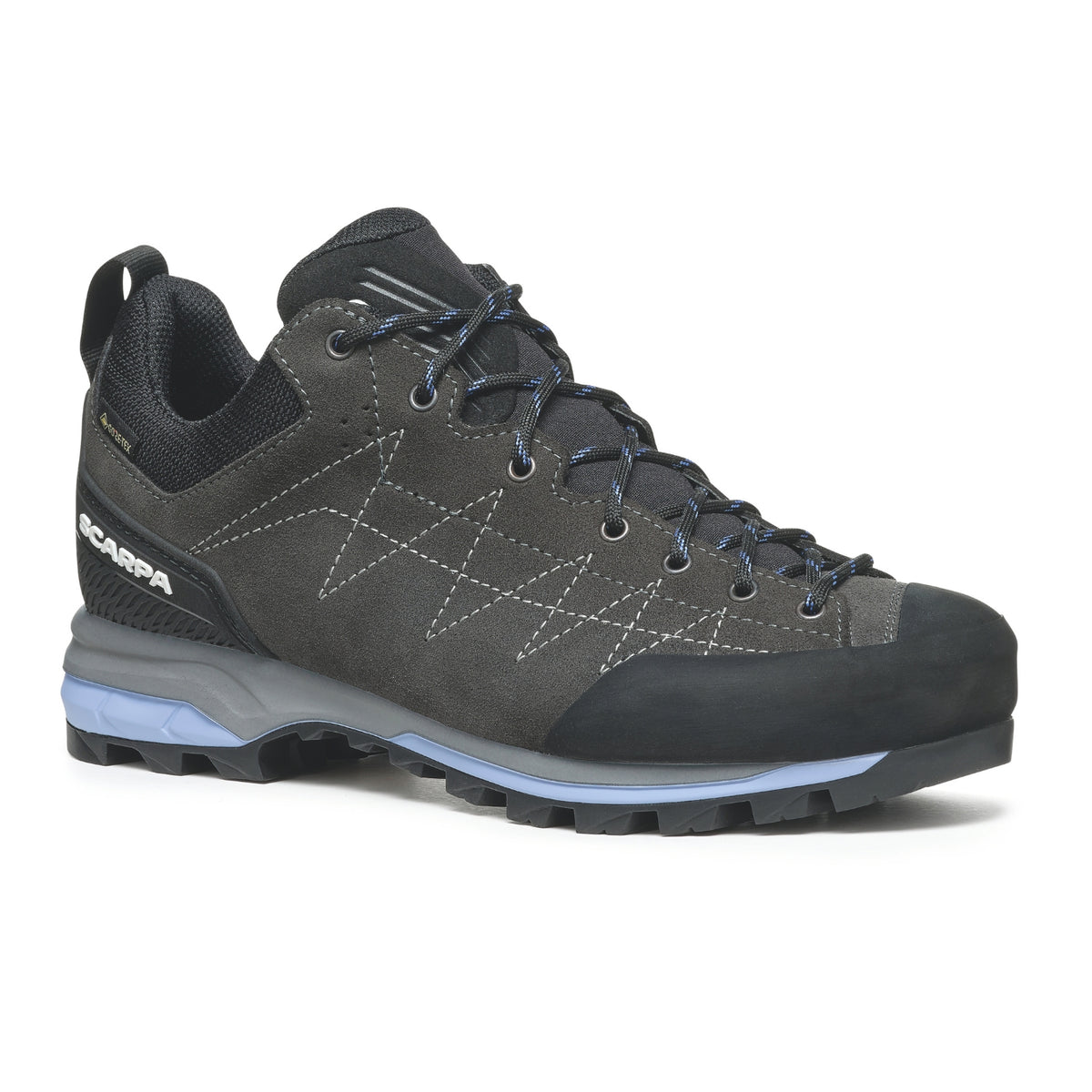 Gray hiking shoe with brand logo on a white background