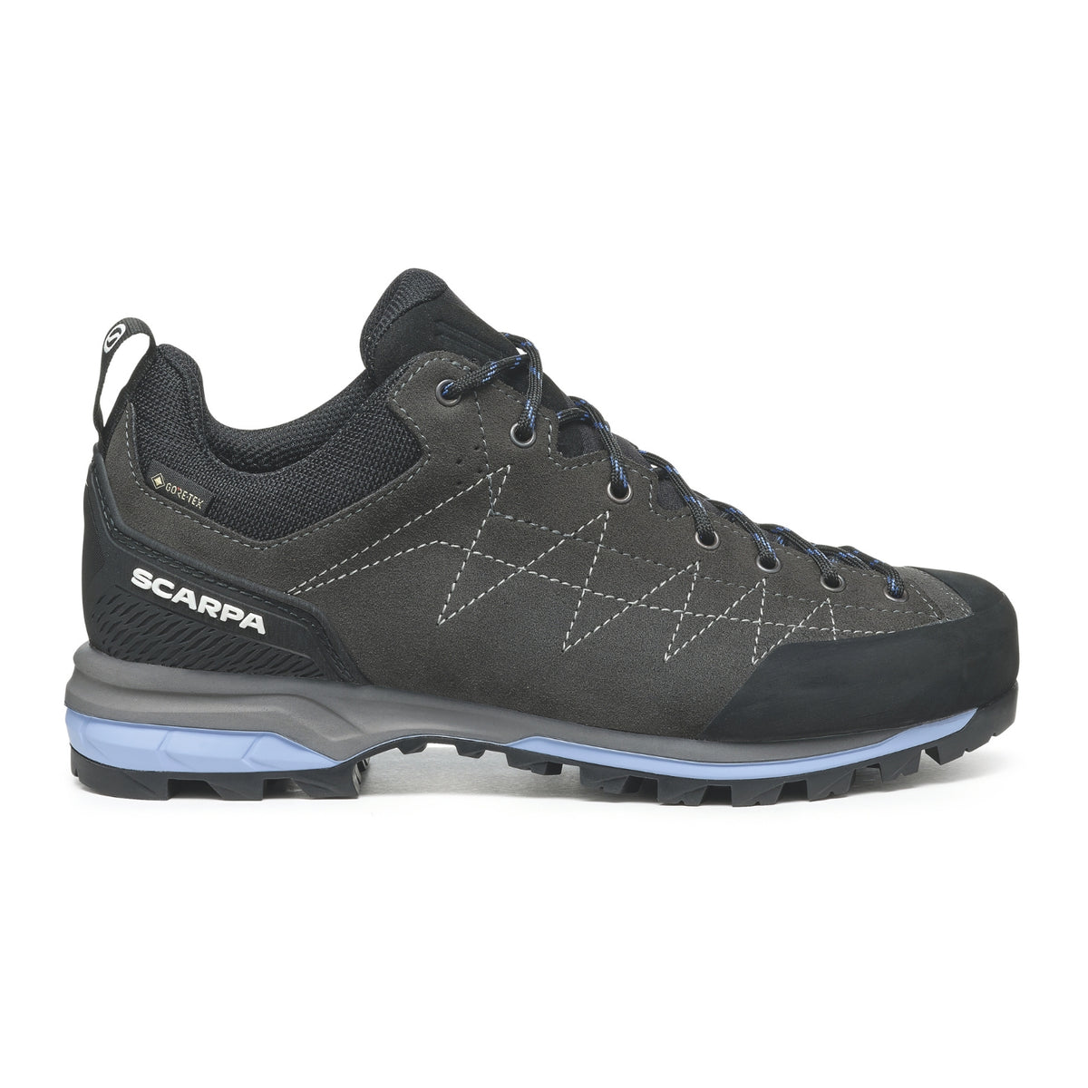 Scarpa Zodiac GTX Womens Gray hiking shoe with blue sole on a white background