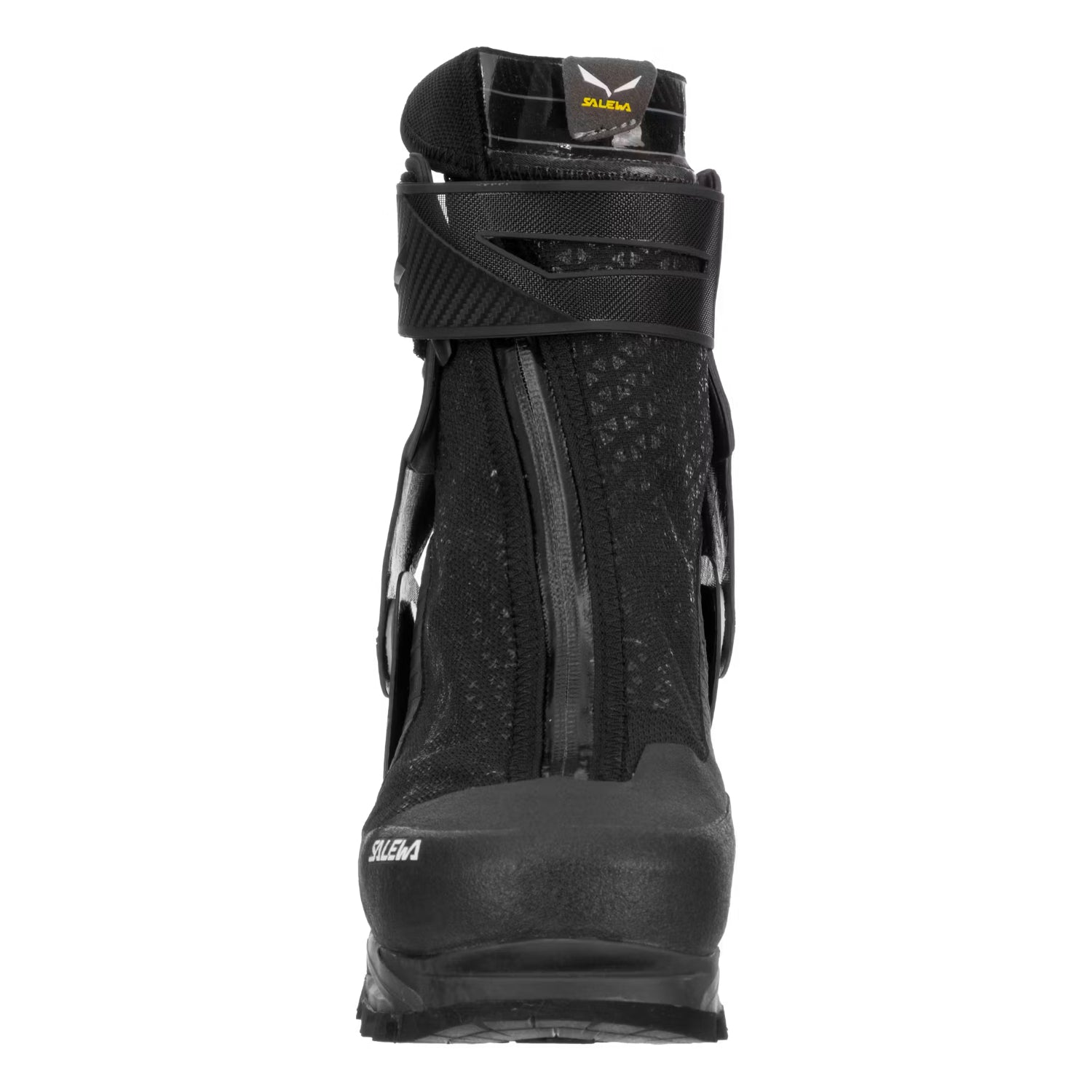 A black and gray salewa mountaineering boot with a hook-and-loop strap closure and a rugged treaded sole, shown from a three-quarters angle on a white background.