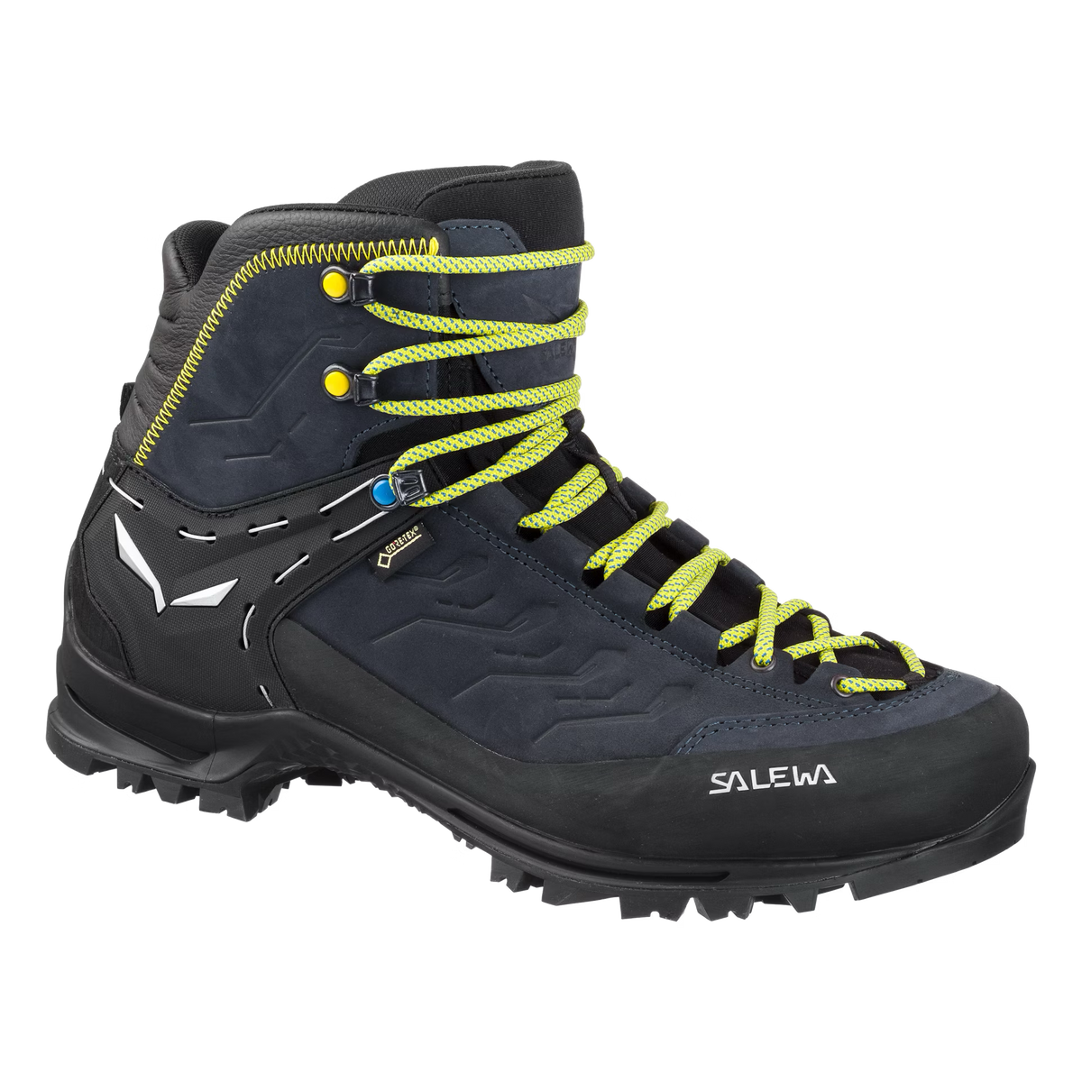 Black hiking boot with yellow laces on a white background