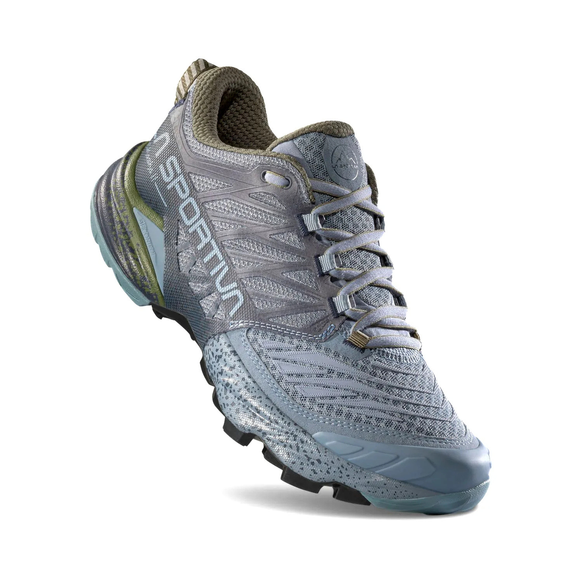 Gray athletic shoe with brand logo on a white background