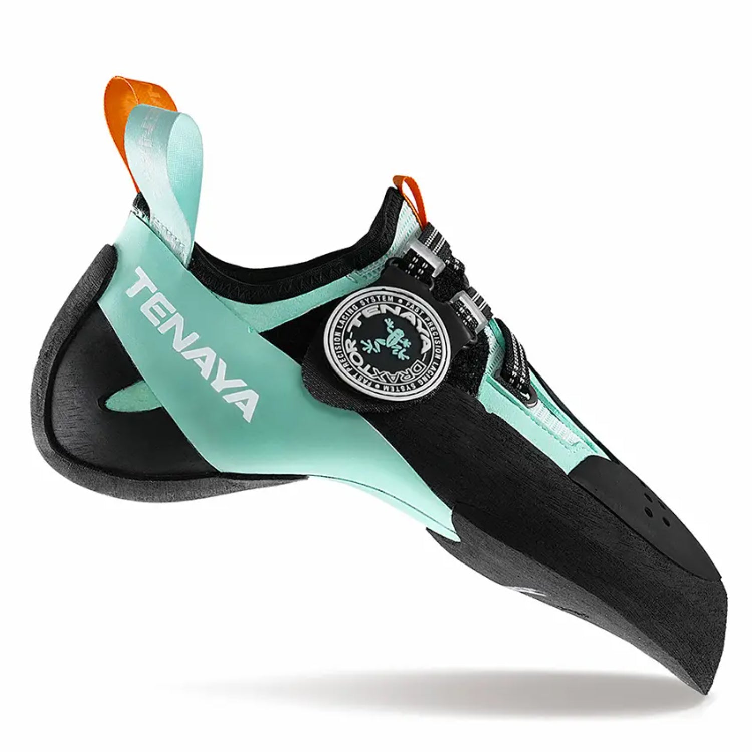 Teal and black climbing shoe with Tenaya branding on a white background