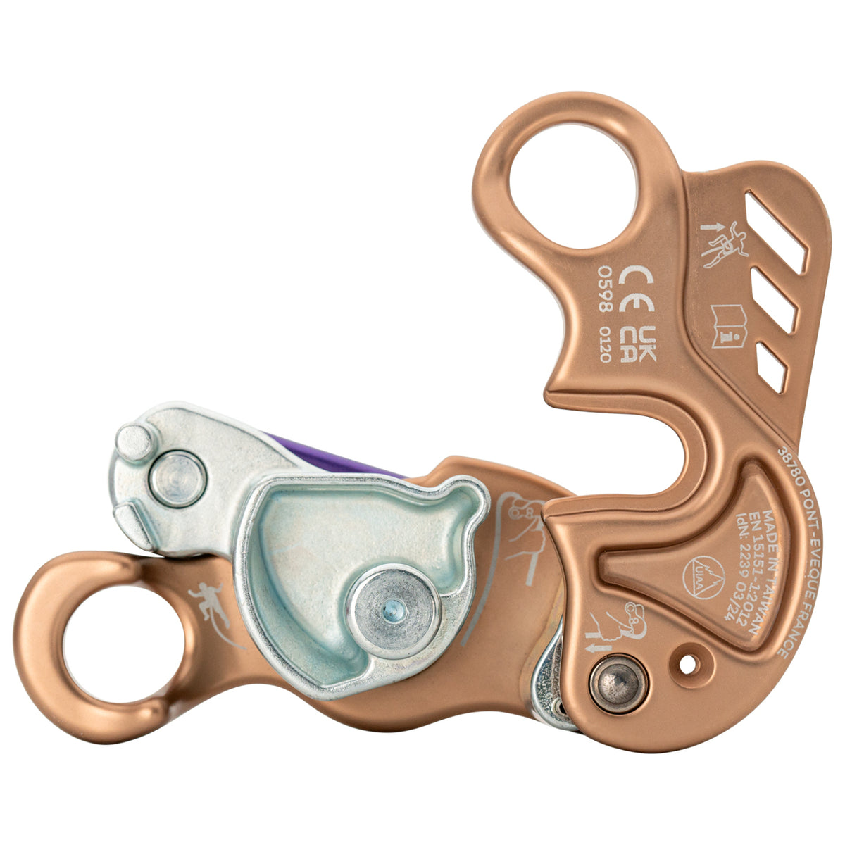 Beal Birdie belay device in stone with a purple handle