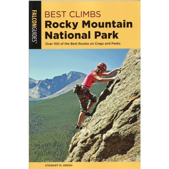 Book cover of 'Best Climbs Rocky Mountain National Park' with a climber on a rock face and mountain background.