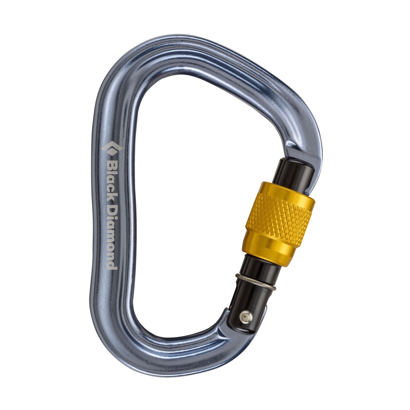 Black Diamond VaporLock Screwgate HMS carabiner, in silver colour with gold screw