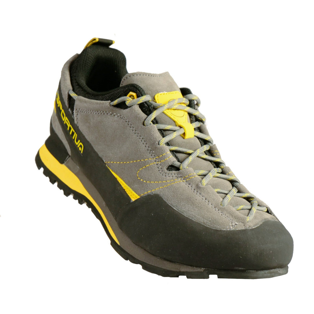 La Sportiva Boulder X approach shoe, front/side view in black, grey and yellow colours