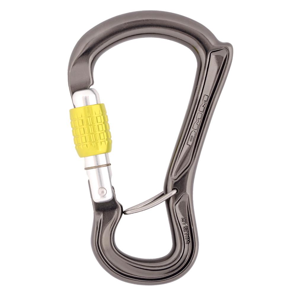 DMM Ceros Screwgate carabiner, in gun metal grey and yellow colours
