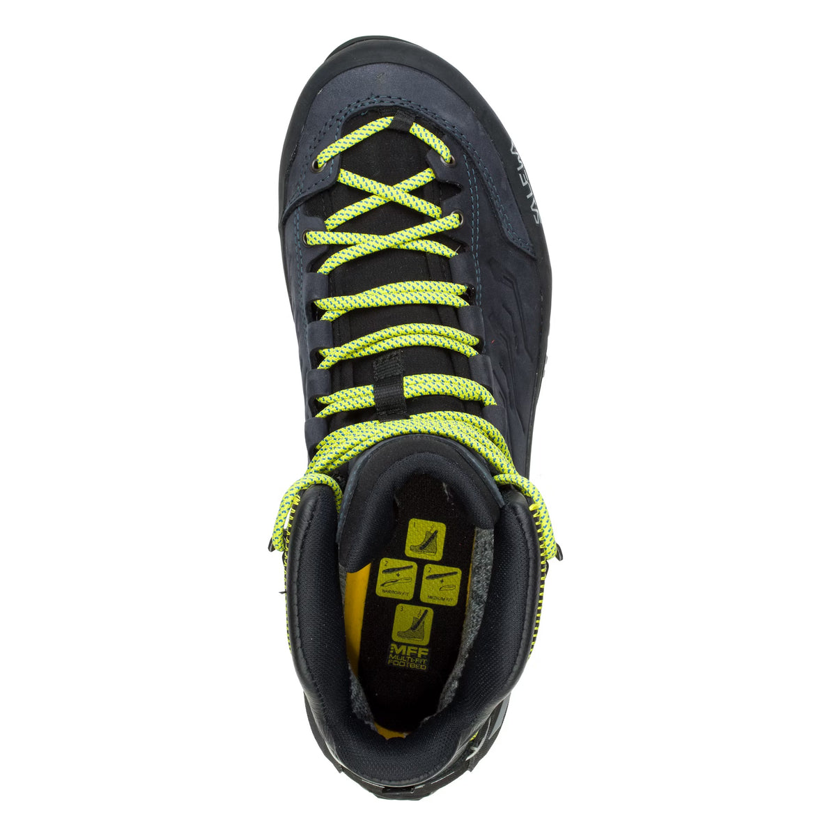 Black and yellow hiking boot on a white background