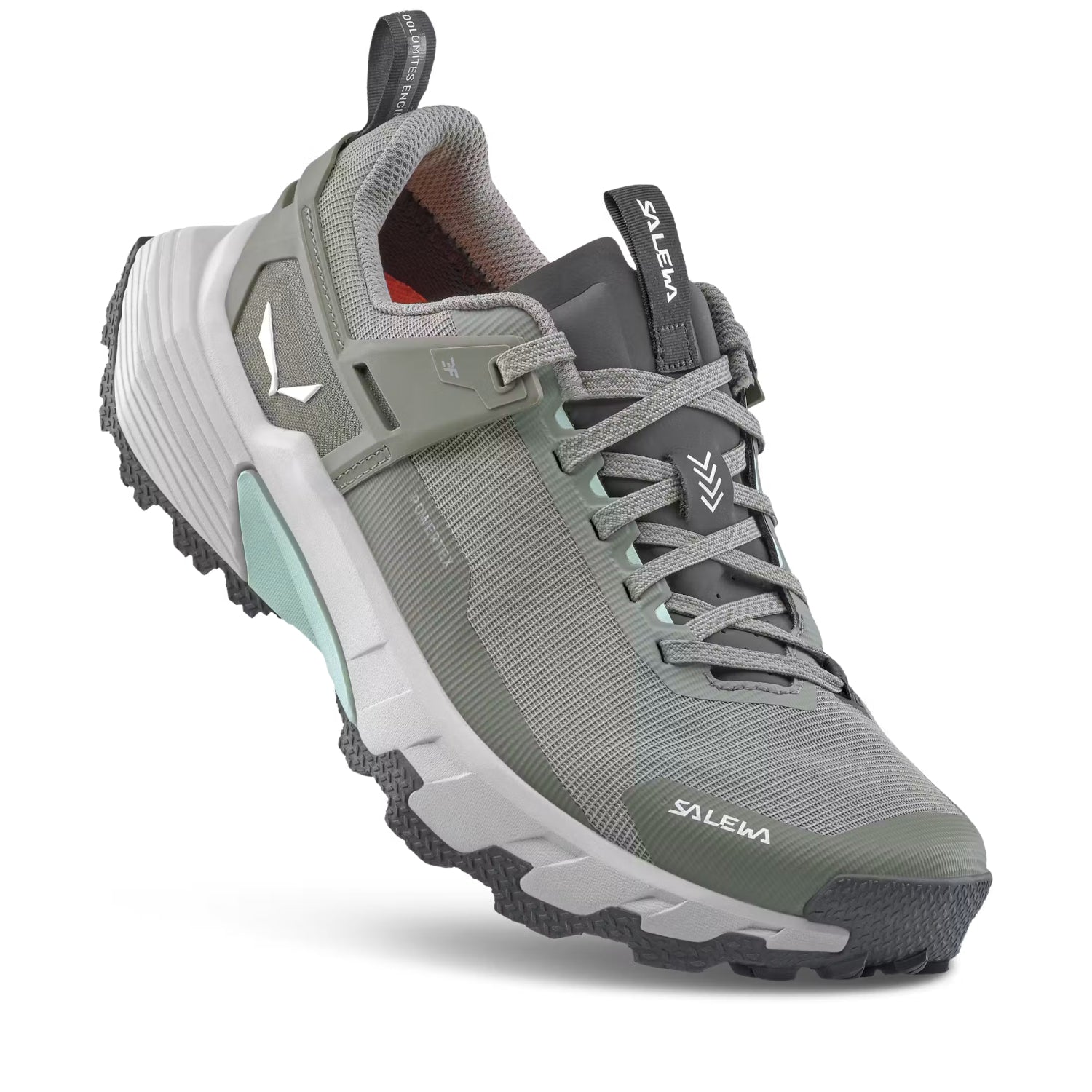 A salewa trail walking shoe in green and grey on a white background