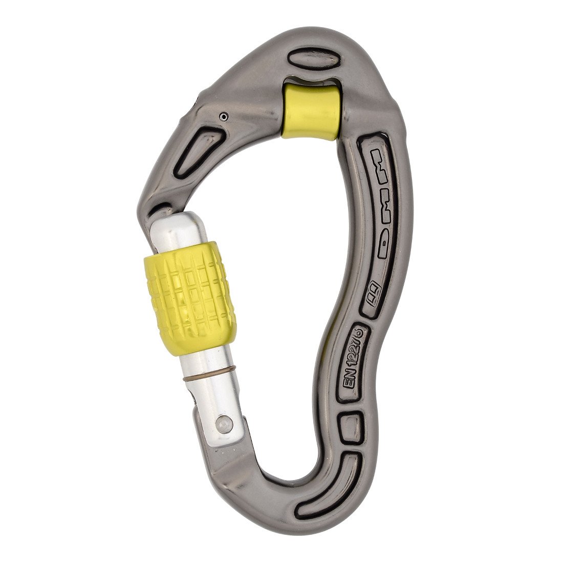 DMM Revolver Screwgate locking climbing carabiner, in gun metal grey with yellow screwlock 