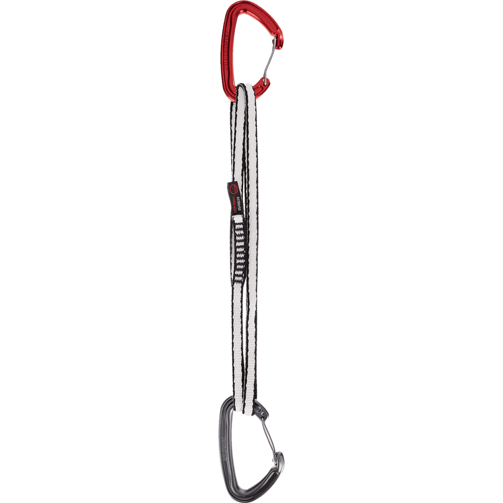 Two carabiners with red and black components on a transparent background