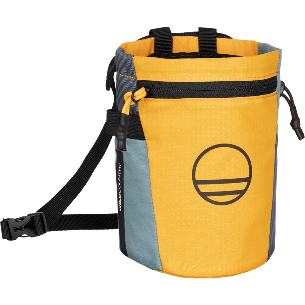Yellow and gray chalk bag with a logo on a white background