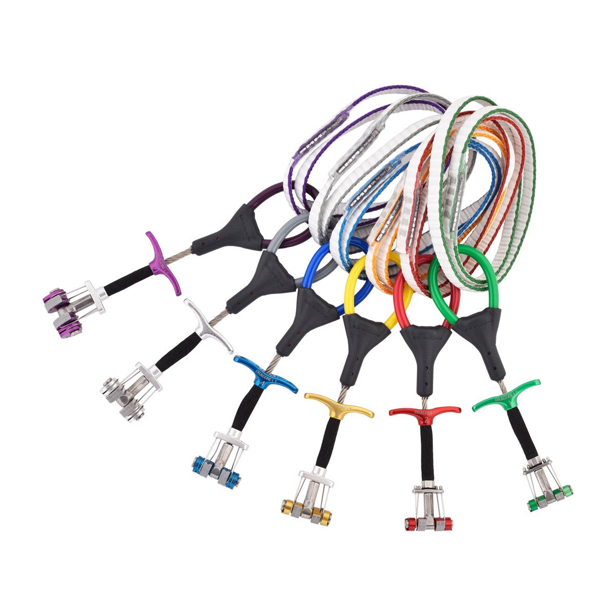 Full range of DMM Dragonfly Cams shown side by side in fan