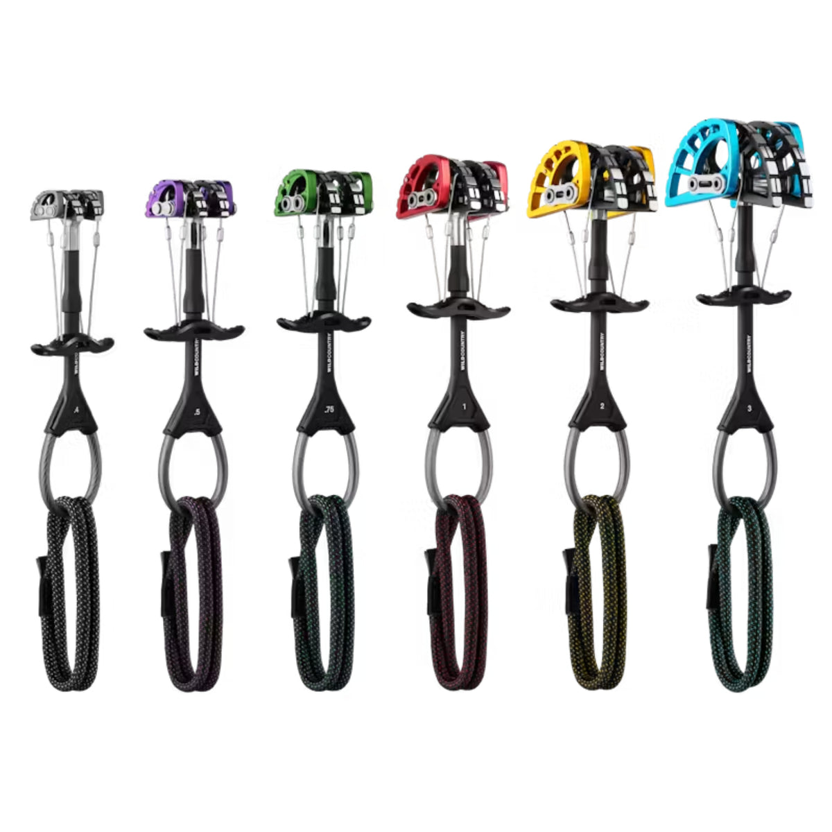 Six climbing cams shown side by side on a plain white background, each with a different colored top handle in black, purple, green, red, yellow, and blue, paired with black and gray rope accessories.