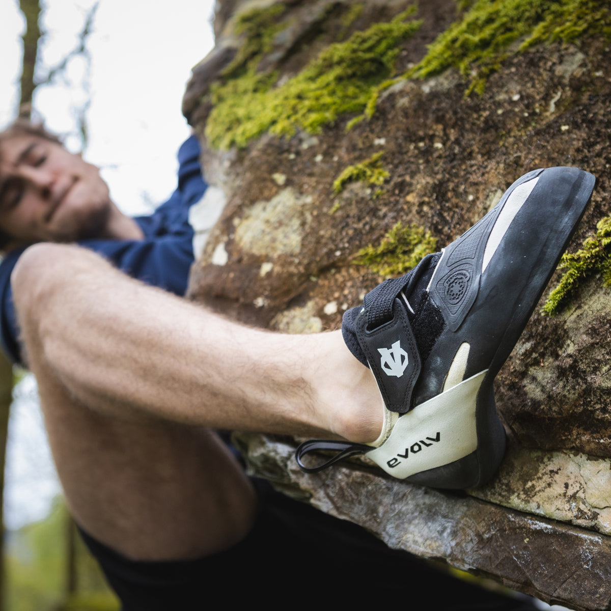 Evolv V6 climbing shoes in use climbing outside on real rock